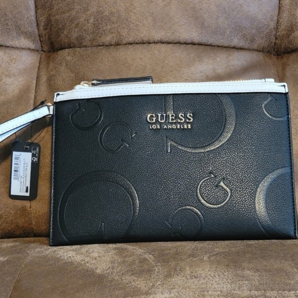 Guess Black and White Embossed Wristlet
